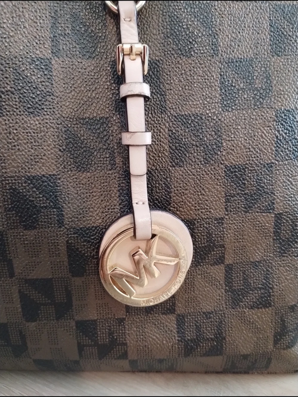 Michael Kors Rare Monogram Checkered Tote Bag with Beige Trim